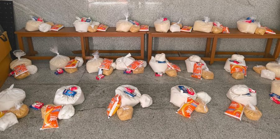 Ration kits of rice and dal ready for distribution